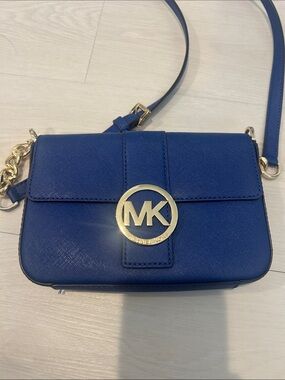 Michael Kors Small Blue MK Logo Crossbody Bag with Gold Hardware